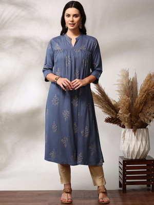 ANOUK Women Printed A-line Kurta(Grey)