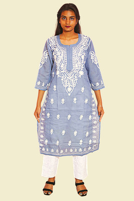 J K FASHION Women Chikan Embroidery, Embroidered Straight Kurta(Grey)