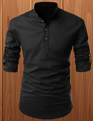 StoneHeart Men Solid Straight Kurta(Black)