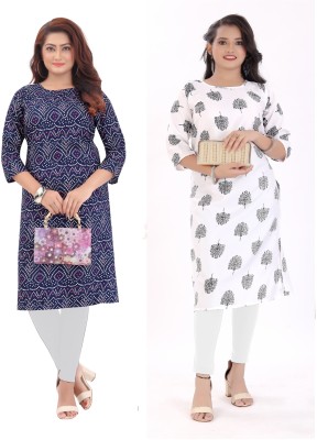 JENSI FASHION Women Printed Straight Kurta(Dark Blue, White, Pink)