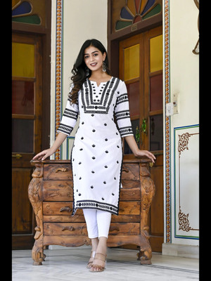 Gosriki Women Embroidered Straight Kurta(Black, White)