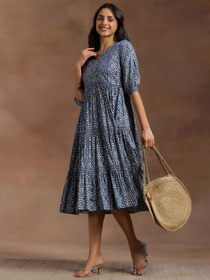 LIBAS Women Printed A-line Kurta(Blue)