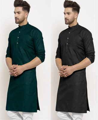 JENZEE Fashion Men Solid Straight Kurta(Black, Dark Green)