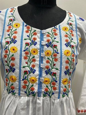 LEEZA Women Embroidered, Floral Print A-line Kurta(White)