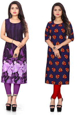 tanvi creation Women Printed Straight Kurta(Purple, Blue)