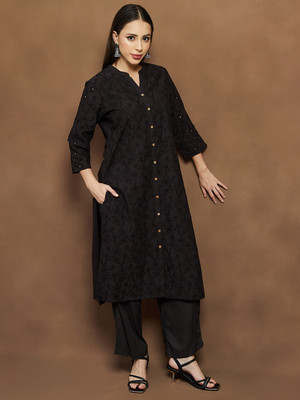 Melange by Lifestyle Women Self Design Straight Kurta(Black)