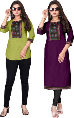 psmn Women Embroidered A-line Kurta(Light Green, Purple)