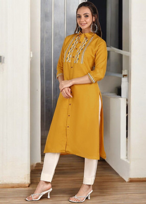 Ladylaz Women Embroidered, Solid Straight Kurta(Yellow)