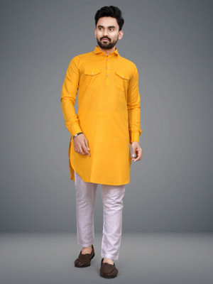 HOC's Men Self Design Straight Kurta(Yellow)