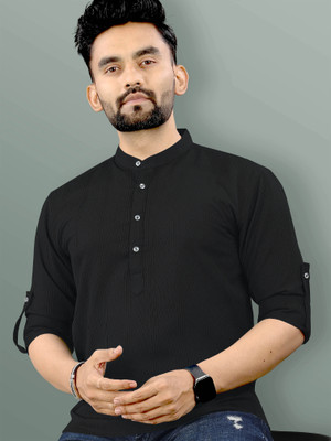 VeBNoR Men Self Design Straight Kurta(Black)