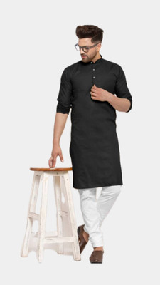 HouseOfCommon Men Solid A-line Kurta(Black)
