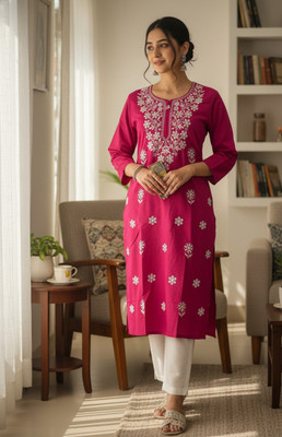 Fashionkart Women Embroidered Straight Kurta(Pink)