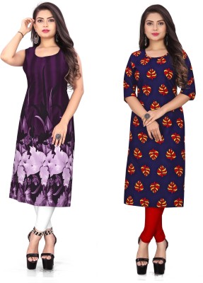 tanvi creation Women Floral Print Straight Kurta(Purple, Blue)