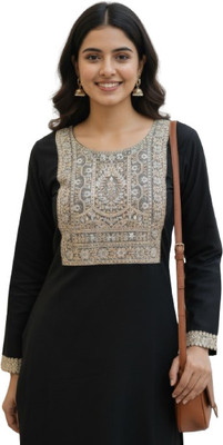 Designally Women Solid, Embroidered Straight Kurta(Black)