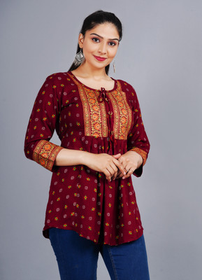 Sanganer Export Women Printed Flared Kurta(Maroon)