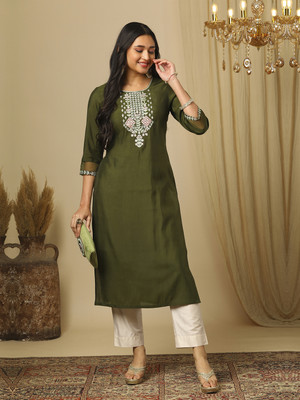 Globus Women Embroidered Straight Kurta(Green)