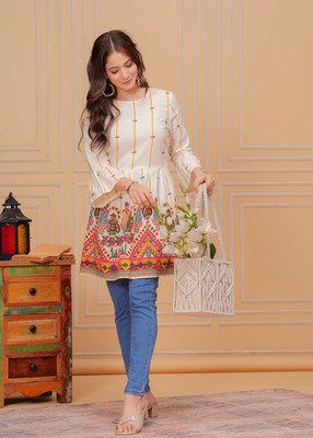 HINGLAJRAJ Women Floral Print Flared Kurta(White)