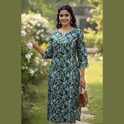 M Rani Women Floral Print Straight Kurta(Green)