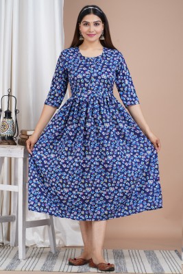 SEASON FAB Women Printed Flared Kurta(Blue)