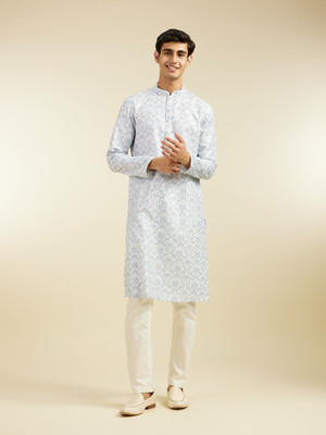 DIWAS by Manyavar Men Printed Straight Kurta(Blue)