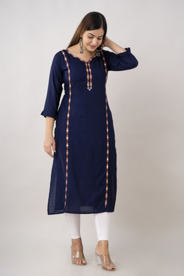 Kapadia Women Geometric Print Straight Kurta(Dark Blue)