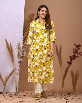 GSK CREATION Women Printed A-line Kurta(Yellow)