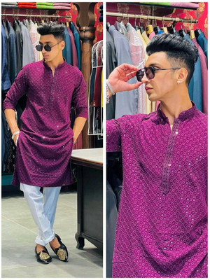 DIAMOND CLUSTER Men Embellished Straight Kurta(Purple)