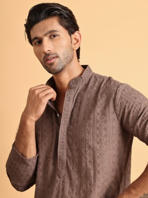 Jompers Men Embroidered Straight Kurta(Brown)