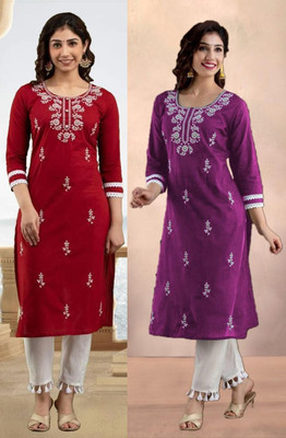 vikshi Women Chikan Embroidery Straight Kurta(Pink)