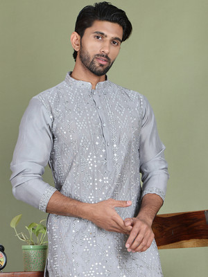 Jompers Men Embroidered Straight Kurta(Grey)