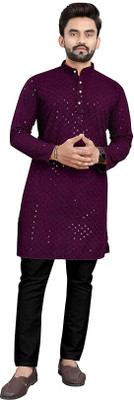 Hayanenterprise Men Embroidered A-line Kurta(Purple)