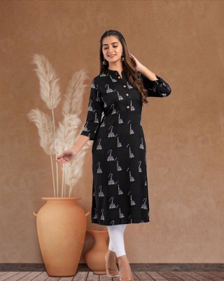 Mauka Women Self Design Straight Kurta(Black)