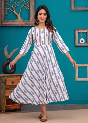 Dizon Women Embroidered, Printed Flared Kurta(Blue, White)