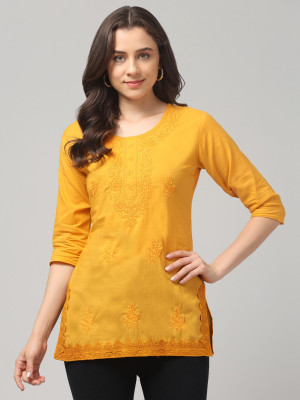 Synthify Women Chikan Embroidery Straight Kurta(Yellow)