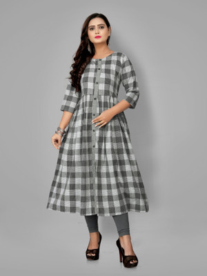 RIAANA Women Checkered A-line Kurta(Grey)