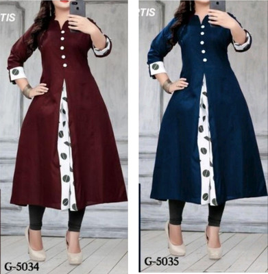 VIVIDH CREATIONSS Women Printed Straight Kurta(Dark Blue, Maroon)