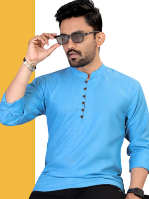 Hashtag Men Solid Straight Kurta(Light Blue)
