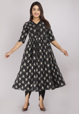 SMC Women Floral Print Gown Kurta(Black)