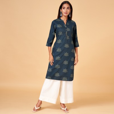 Rangmanch by Pantaloons Women Printed Straight Kurta(Dark Blue, Beige, Blue)