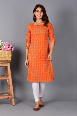 Sharleez Women Printed Straight Kurta(Orange)