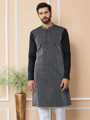 See Designs Men Striped Straight Kurta(Black)