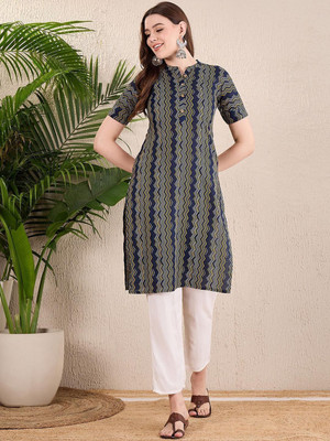 ANOUK Women Checkered Straight Kurta(Blue)