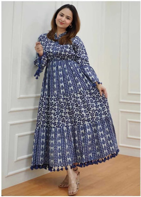 CHARVI CREATION Women Floral Print Anarkali Kurta(Blue)