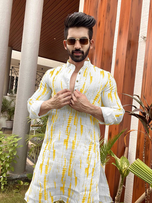 DIAMOND CLUSTER Men Printed Straight Kurta(Yellow, White)