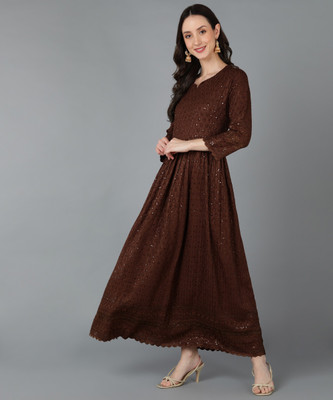 TOP N THREAD Women Chikan Embroidery, Embroidered, Self Design Anarkali Kurta(Brown)