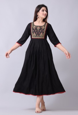 VISH FAB Women Embroidered Flared Kurta(Black)