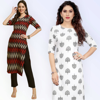 KAUTAQI Women Printed, Striped Straight Kurta(Multicolor)