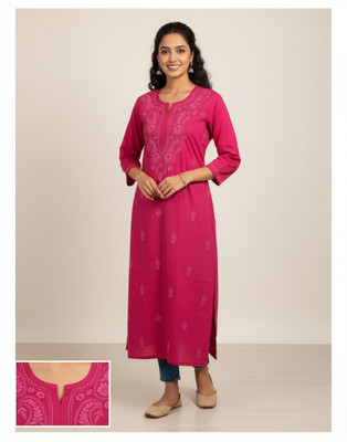 ChikanKari By ZA Women Embroidered Straight Kurta(Pink)