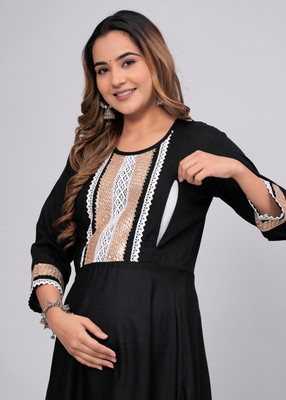 nwb Women Embroidered Flared Kurta(Black)