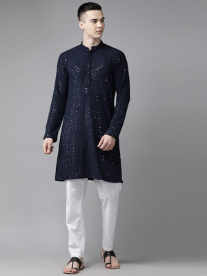 See Designs Men Woven Design A-line Kurta(Dark Blue)